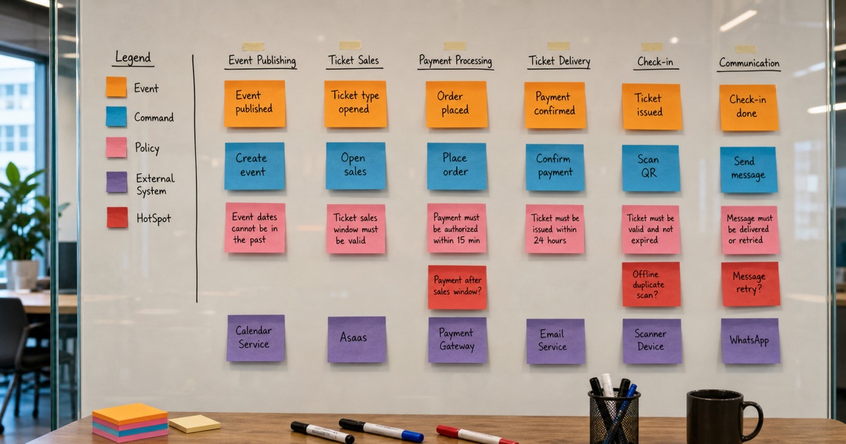 Quadro realista de DDD e EventStorming separando subdomínios do iTOP em uma parede de vidro com post-its