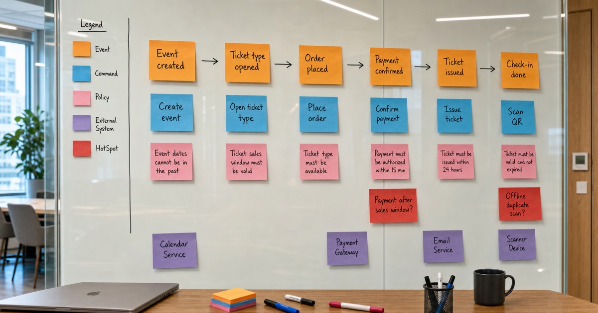 Quadro realista de EventStorming em parede de vidro com post-its para fluxo de venda de ingressos, pagamento, emissão de ticket e check-in