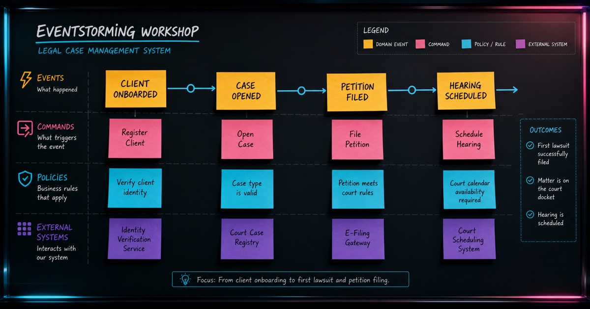 Quadro de EventStorming com fluxo de onboarding jurídico, abertura de caso e protocolo de petição