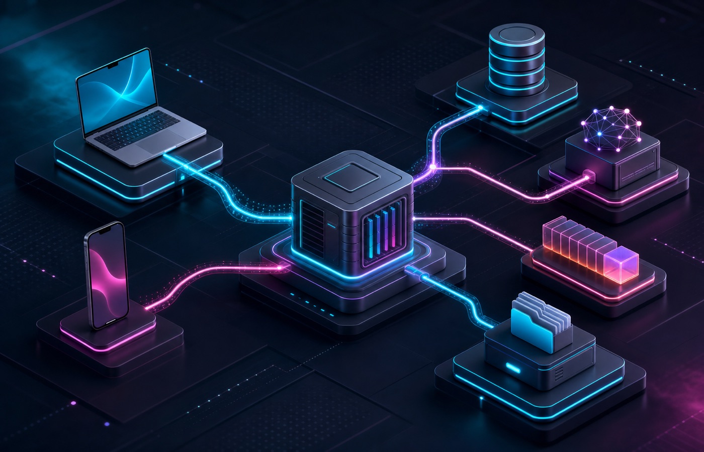 Fullstack architecture showing the I/O layers between Next.js, React Native, Node.js API, Postgres, cache, queues, disk, and external APIs.